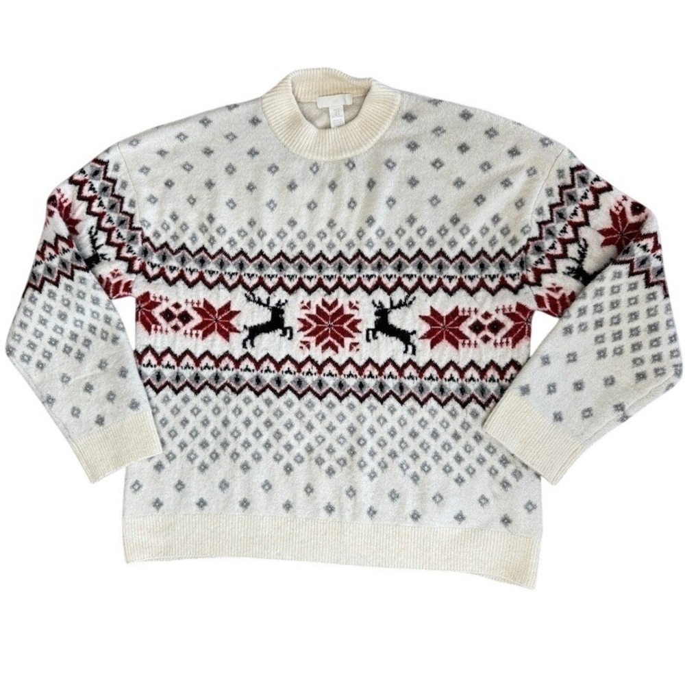 HM Mens Fair Isle Reindeer Holiday Sweater Cream Red Black Size M O/N 197365